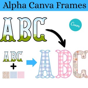 May include: The image displays the text "Alpha Canva Frames" at the top. Below, the letters "ABC" are shown in a landscape design, with a transformation into gingham and floral patterns. A Canva logo is also present.