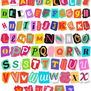 May include: A vibrant alphabet display, with each letter cut from a different coloured paper. The letters, in diverse fonts and sizes, are set against a white background, each with a white border. A creative design.
