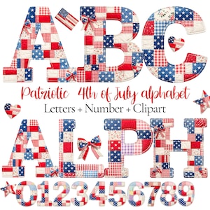 May include: A patriotic alphabet and numbers set with a patchwork design in red, white, and blue. The letters and numbers are decorated with stars, stripes, and floral patterns, perfect for 4th of July crafts.