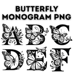 Puede incluir: Letras de monograma A, B, C, D, E y F en blanco y negro con diseños de mariposas. Cada letra está rodeada de elementos florales.