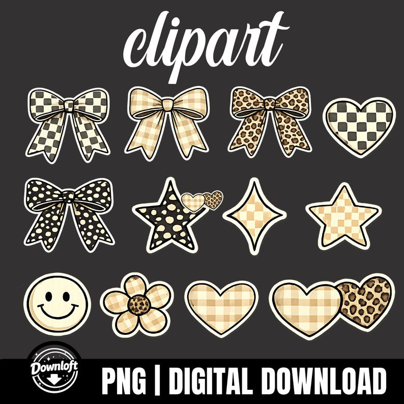 Puede incluir: Conjunto de im&aacute;genes predise&ntilde;adas digitales con lazos, corazones, estrellas, una flor y una carita sonriente. Los dise&ntilde;os incluyen patrones de cuadros, lunares y leopardo en tonos neutros. La palabra "clipart" est&aacute; escrita en cursiva en la parte superior.