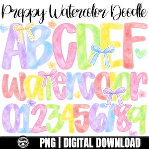 May include: Watercolor alphabet letters and numbers in pastel colors, with bows and floral accents. The text "Preppy Watercolor Doodle" is at the top. The bottom text reads "PNG | DIGITAL DOWNLOAD".