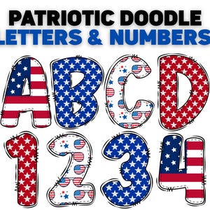 May include: Patriotic doodle letters and numbers in red, white, and blue. The letters A, B, C, and D, and the numbers 1, 2, 3, and 4 are displayed with star and stripe patterns, perfect for Independence Day or other patriotic projects.