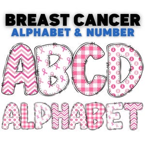 Puede incluir: La imagen muestra el texto "BREAST CANCER ALPHABET & NUMBER" en negro y azul. Las letras A, B, C y D se presentan en patrones rosas, incluyendo galones, lazos rosas y cuadros vichy. La palabra "ALPHABET" también se muestra en rosa.