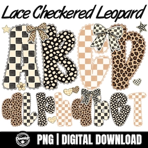 Lace Checkered Leopard Alphabet PNG, Doodle Letters Sublimation, Lace Pattern Alpha Pack, Neutral Doodle Letters, Retro Western Font