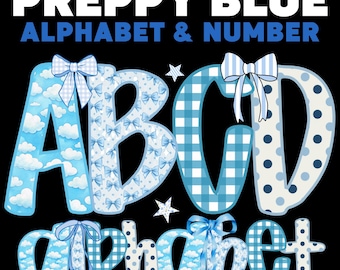 Preppy Blue Doodle Alphabet PNG: A-Z Letters (Digital Download)