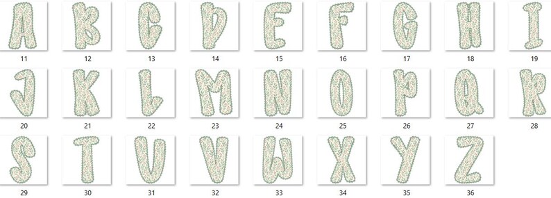 Pode incluir: Uma cole&ccedil;&atilde;o de letras do alfabeto, cada uma em um quadrado diferente. As letras est&atilde;o em uma fonte de bolhas, com um padr&atilde;o salpicado verde claro e branco. Os n&uacute;meros 11-36 est&atilde;o abaixo de cada letra.