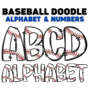 Op de afbeelding: Honkbal-thema doodle alfabet en cijfers in zwart, wit en rood. De letters A, B, C en D worden weergegeven, samen met het woord "ALPHABET". De letters zijn ontworpen om op honkballen te lijken.