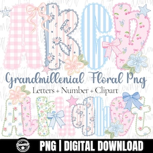 May include: A digital graphic set featuring the letters A, B, C, and D in various patterns including pink gingham, blue floral, blue stripes, and pink cherry prints. The letters are decorated with bows, flowers, and stars. Text reads Grandmillennial Floral Png Letters + Number + Clipart Alphabet PNG | DIGITAL DOWNLOAD.