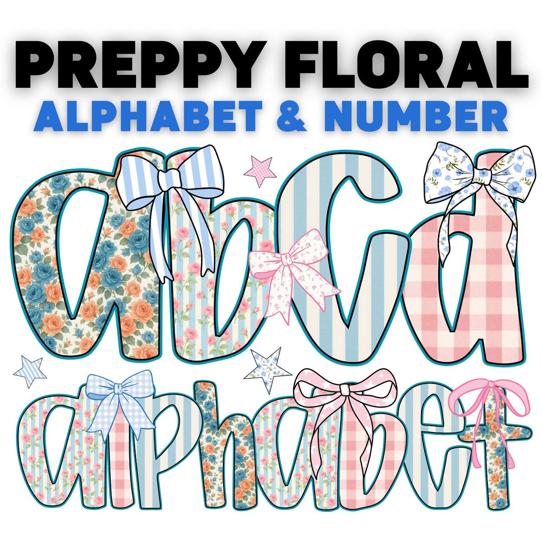 Retro Floral Alphabet PNG: Preppy Clipart Bows (digital Download - Etsy