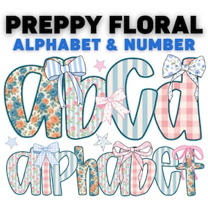 Preppy Retro Floral Alphabet PNG, Grandmillennial Alphabet Png, Preppy Floral Alphabet, Coquette Alphabet, Clipart Bow Png,Gingham Alpha Set