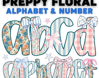 Retro Floral Alphabet PNG: Preppy Clipart Bows (Digital Download