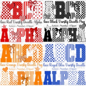 Puede incluir: Un conjunto gráfico digital con letras de estilo universitario A, B, C y D en rojo, negro, naranja y azul real. Cada letra muestra patrones como cuadros, rayas, estrellas y lunares, acentuados con lazos decorativos, corazones y estrellas.