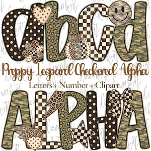Preppy Leopardrutigt alfabet PNG-paket, Camo Alpha, Rutiga västerländska bokstäver, Trendigt Alpha, Höstpumpa Clipart, Digital Nedladdning