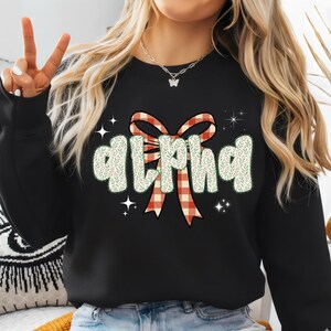 Pode incluir: Camisola preta com a palavra "ALPHA" em uma fonte decorativa. As letras s&atilde;o preenchidas com um padr&atilde;o floral verde e branco, e a palavra &eacute; encimada por um la&ccedil;o xadrez vermelho e branco. Explos&otilde;es de estrelas brancas s&atilde;o espalhadas ao redor da palavra.
