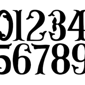 May include: Black numbers 0 through 9 in a decorative serif font. Each number has ornate flourishes at the top and bottom. The numbers are displayed against a white background.