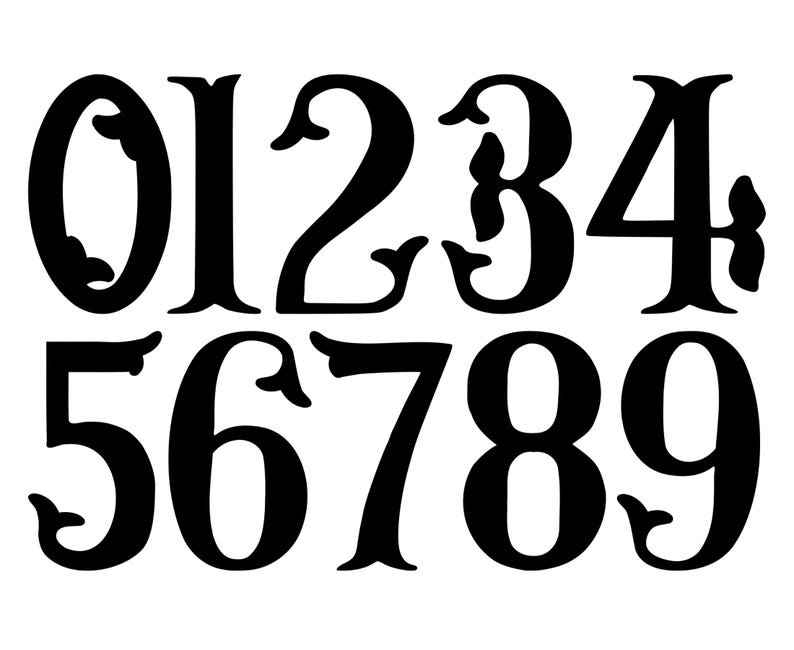 May include: Black numbers 0 through 9 in a decorative serif font. Each number has ornate flourishes at the top and bottom. The numbers are displayed against a white background.