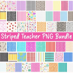 Puede incluir: Una colección digital de patrones cuadrados con diversos diseños que incluyen rayas verticales, lunares, motivos de lápices, estampados de manzanas, cuadrículas y salpicaduras coloridas, con el texto Striped Teacher PNG Bundle centrado.