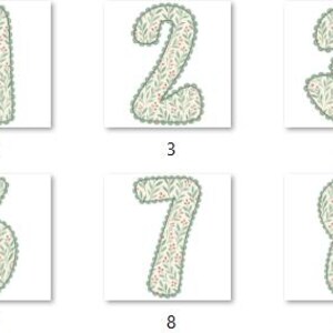 Pode incluir: Uma cole&ccedil;&atilde;o de dez n&uacute;meros, de zero a nove, cada um em uma moldura quadrada. Os n&uacute;meros s&atilde;o bege com um padr&atilde;o floral verde e rosa e uma borda verde ondulada. Ideal para artesanato ou decora&ccedil;&atilde;o.