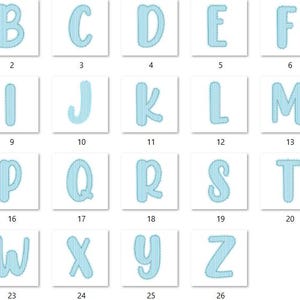 Puede incluir: Un conjunto de 26 letras may&uacute;sculas, de la A a la Z, con rayas verticales en azul claro, cada una sobre un fondo cuadrado blanco. N&uacute;meros del 1 al 26 debajo. Adecuado para proyectos creativos.