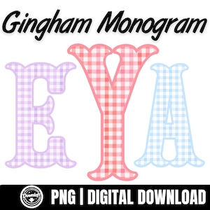 Gingham Monogram Alphabet PNG, Preppy Coquette Spring Clipart, Fishtail Monogram Font, Pastel Gingham Initials,Instant Download Digital File