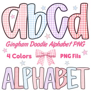 May include: A digital graphic featuring the letters a, b, c, and d, along with the word ALPHABET, all in a playful, rounded font. Each letter is filled with a gingham pattern in shades of pink, blue, and purple, outlined in black. The image includes text that reads "Gingham Doodle Alphabet PNG" and "4 Colors".