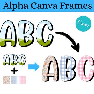 Puede incluir: La imagen presenta el texto "Alpha Canva Frames" sobre las letras "ABC" en un estilo de letras de burbujas. Las letras se muestran con diferentes patrones y diseños, incluyendo fondos florales, cuadros y paisajes. También hay un logotipo de Canva.
