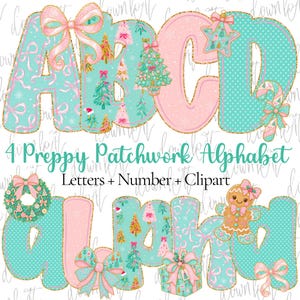 May include: A digital graphic featuring the letters A, B, C, D, and alpha in a teal and pink colour palette. The letters are decorated with Christmas-themed elements including bows, pine trees, a star, a candy cane, a wreath, and a gingerbread man.