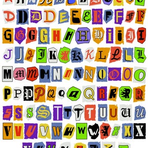 Puede incluir: Un collage colorido de letras recortadas de diversas fuentes. Cada letra, con diferentes fuentes y colores, se presenta sobre un fondo de papel rasgado. Las letras están dispuestas en una cuadrícula, mostrando el alfabeto.