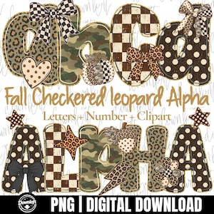 May include: A digital graphic set featuring letters, numbers, and clipart with patterns including leopard print, camouflage, brown and white checkers, and polka dots. Decorative elements include bows, pumpkins, acorns, stars, and lightning bolts.