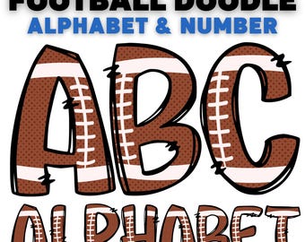 Peut inclure: Illustration des lettres A, B et C, conçues pour ressembler à des ballons de football américain. Les lettres sont marron avec des rayures et des coutures blanches, sur fond blanc. Le mot "ALPHABET" est également affiché dans un style similaire.