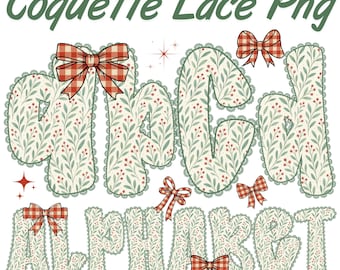Coquette Christmas PNG Alphabet, Lace Letters & Numbers,Gingham Grandmillennial Holiday,Floral Coquette Alpha,Vintage Lace Christmas Letters