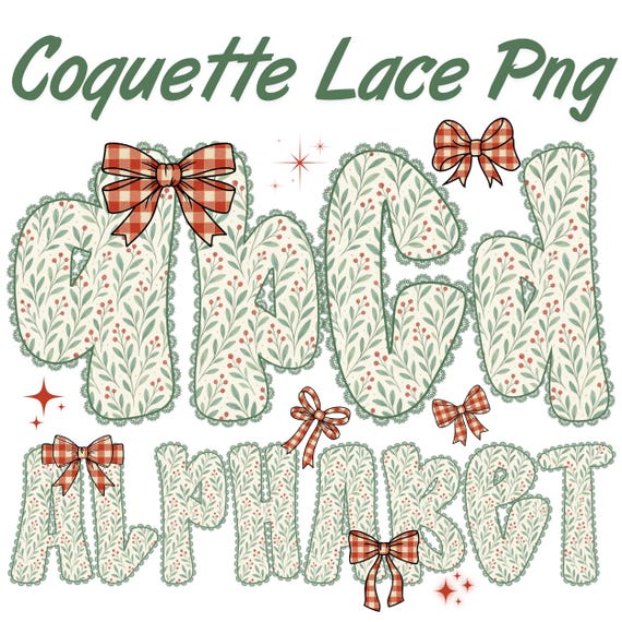 Coquette Christmas PNG Alphabet, Lace Letters & Numbers,Gingham Grandmillennial Holiday,Floral Coquette Alpha,Vintage Lace Christmas Letters