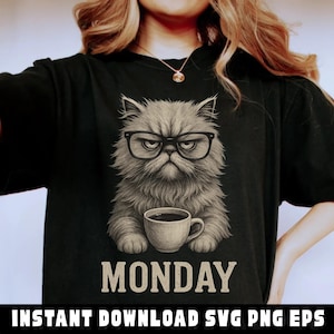 May include: Black t-shirt featuring a grumpy cat wearing glasses and holding a coffee cup. The word "MONDAY" is printed below the cat. The shirt design is a digital illustration, perfect for cat lovers.