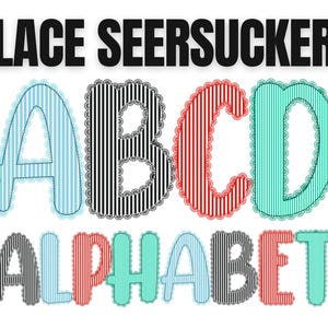 Puede incluir: Un dise&ntilde;o de alfabeto colorido con las palabras "LACE SEERSUCKER" en la parte superior y "ALPHABET" en la inferior. Las letras A, B, C y D se muestran en varios colores, incluyendo azul, negro, rojo y turquesa, con un patr&oacute;n de rayas y borde de encaje.
