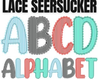 Alfabeto de encaje seersucker PNG, fuente de encaje colorido, letras de encaje rayado, alfabeto elegante y coqueto, encaje imprimible para sublimación, clipart alfa