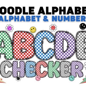 Checker Doodle Alphabet Bundle, Checker Retro Font Letters & Clipart, Teacher PNG School Bulletin Board Class Decor, Printable Sublimination