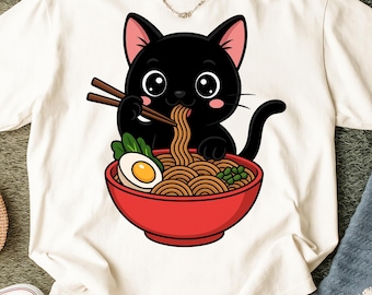 Funny and Cute Cat Eating Ramen Png, Adorable kitty eating ramen, Funny Foodie Png, Cat Lover Png, Black Cat Noodle Png, Retro Cat Tee Png