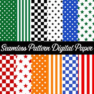 May include: A collection of twelve seamless digital paper patterns featuring various geometric designs including polka dots, vertical stripes, checkerboard squares, and stars in red, green, blue, orange, black, and white with the text Seamless Pattern Digital Paper.
