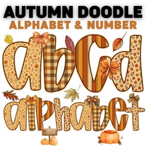 Preppy Floral Autumn doodle Alphabet PNG Clipart, Coquette Aesthetic Font, Grandmillennial A-Z Letters, Pumpkin Season Letters,Bright Doodle