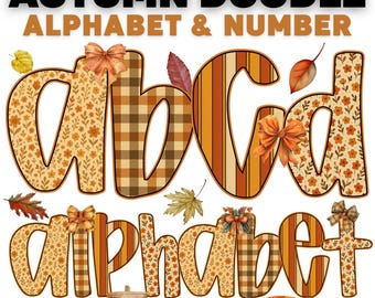 May include: An image featuring the words "AUTUMN DOODLE ALPHABET & NUMBER" in black and brown. The letters "abcd" are displayed in fall colors and patterns, with decorative bows and leaves. The word "alphabet" is also shown in a similar style.