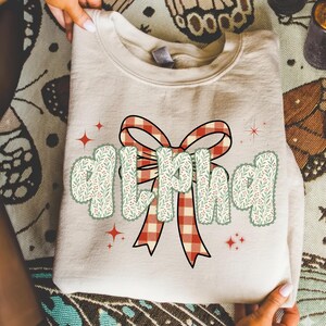 Pode incluir: Uma camisola dobrada, de cor creme, com a palavra "ALPHA" em uma fonte decorativa. As letras s&atilde;o preenchidas com um padr&atilde;o floral verde e vermelho e delineadas com uma borda ondulada. Um la&ccedil;o xadrez vermelho e branco est&aacute; centrado acima da palavra, com estrelas vermelhas.
