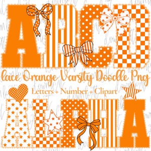 May include: A digital graphic set featuring orange and white varsity-style letters and numbers with various patterns including polka dots, stripes, and checkerboard. The design includes decorative bows, hearts, and stars in orange and white.