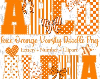 May include: A digital graphic set featuring orange and white varsity-style letters and numbers with various patterns including polka dots, stripes, and checkerboard. The design includes decorative bows, hearts, and stars in orange and white.