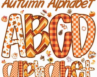 May include: A decorative autumn-themed alphabet design. The letters A, B, C, and D are prominently displayed, each with unique patterns including pumpkins, leaves, and plaid. The words "Autumn Alphabet" are written in a warm brown color above and below the letters.