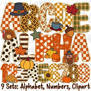 May include: A digital graphic set featuring the alphabet letters A through E and numbers 1 through 9, decorated with autumn-themed patterns like plaid, leopard print, and polka dots, accented with pumpkins, turkeys, leaves, and a coffee cup.