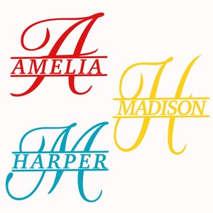 May include: Three personalised monogram designs in red, yellow, and teal. Each design features a large letter with a name incorporated into the design. The names are Amelia, Madison, and Harper. The background is white.