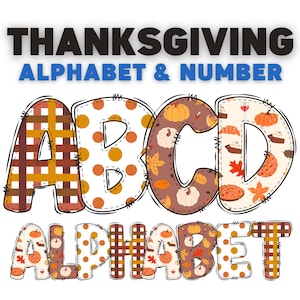 Peut inclure: Alphabet et chiffres sur le thème de l'Action de grâce. Les lettres A, B, C et D sont présentées avec des motifs d'automne et des images de citrouilles, de feuilles et de nourriture. Le mot "ALPHABET" est également affiché.