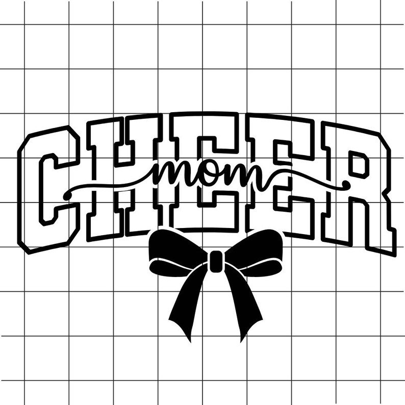 May include: Black and white graphic design featuring the word "CHEER" in a bold, blocky font, with "mom" in a cursive script in the center. A black bow is positioned below the text. The design is set against a grid background.