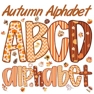 May include: A decorative autumn-themed alphabet design with the words "Autumn Alphabet" in brown. The letters A, B, C, and D are featured, each with unique patterns including pumpkins, flowers, and stripes. Fall leaves and pumpkins surround the letters.